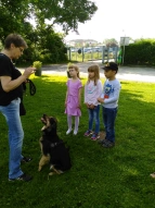 Die Kinder sehen, wie man mit Belohnungen einen Hund erziehen kann.